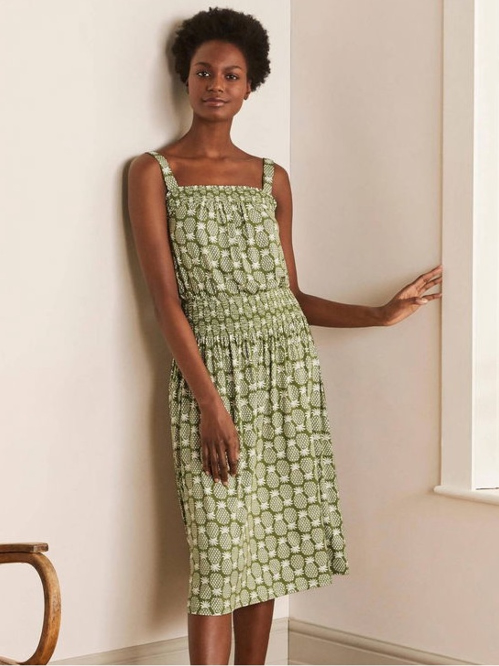Boden Rosamund Smocked Jersey Dress Green Pineapple Print